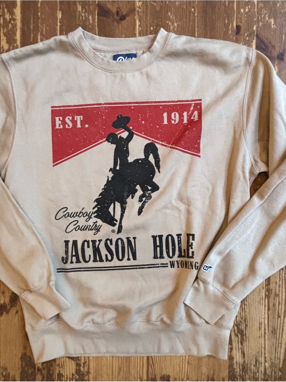 Blue 84 Beige Crewneck Sweatshirt with Red & Black Jackson Hole Graphic